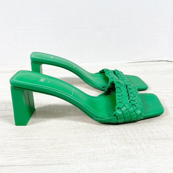 ZARA Kelly Green Open Toe Heels Slides Double Braided Strap 3 Inch Heel Sz UK 40 - Picture 3 of 8